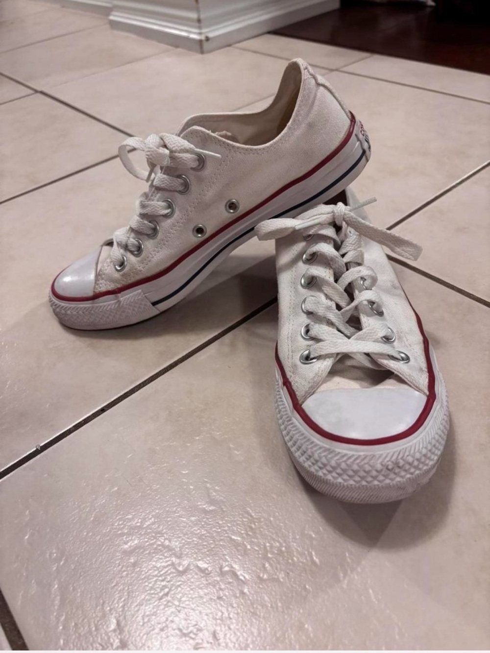 Converse White Low-Top Sneakers with Red & Navy Stripe